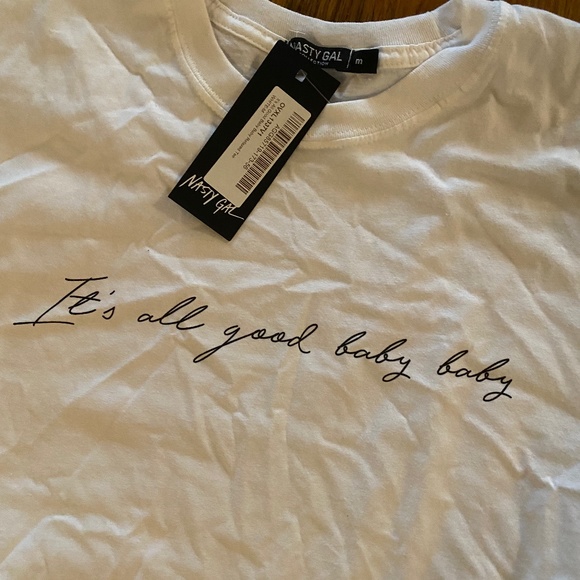 NWT nasty gal It’s all good baby baby scripty font graphic print T-shirt M - Picture 2 of 8